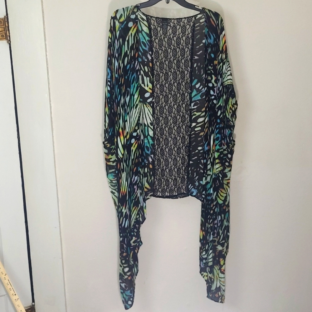 Cruise Kimono Exotic rainbow butterfly Cover Up sheer w Lace Back Fairycore